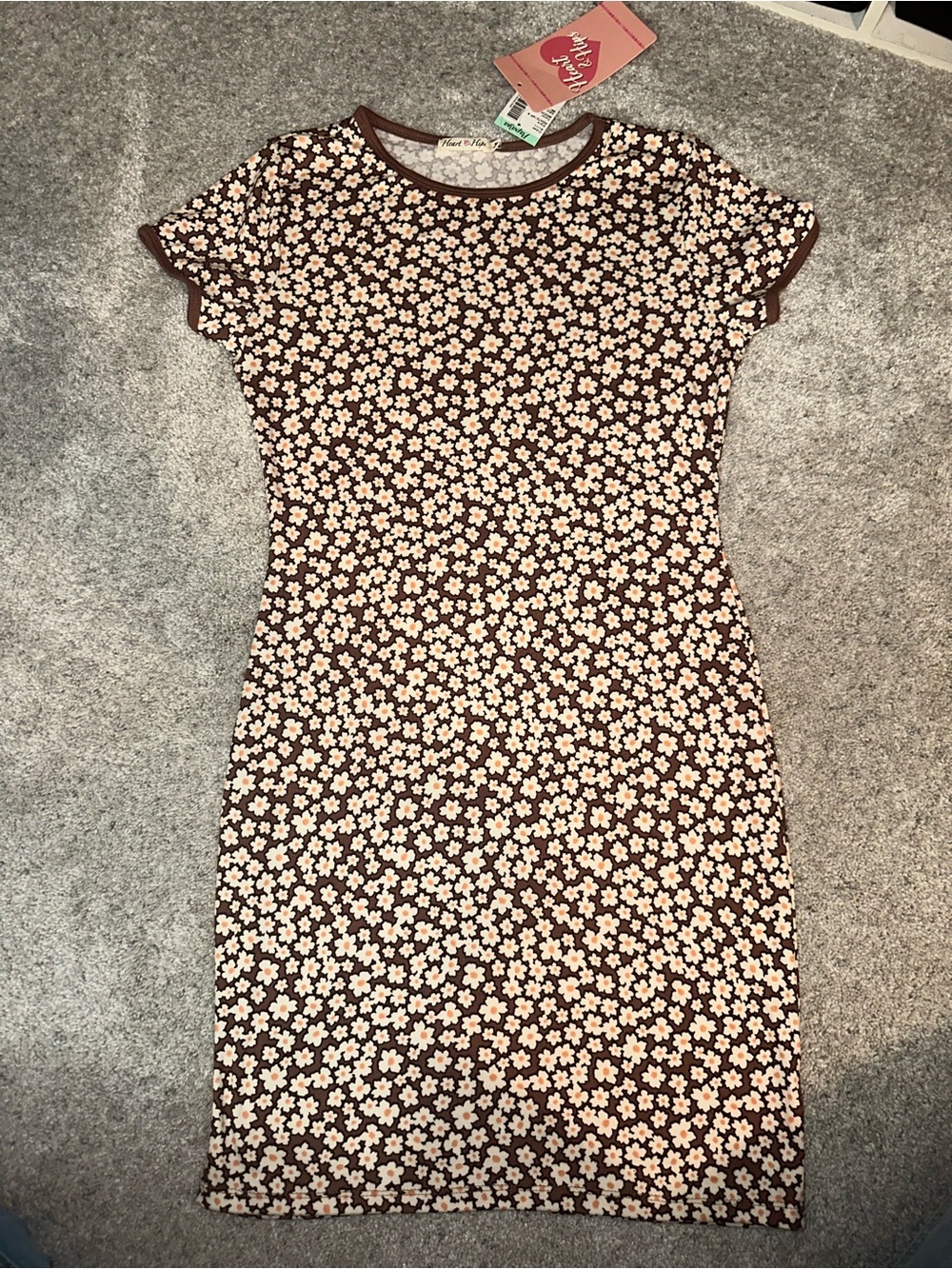 Floral Brown Short-Sleeve Bodycon Dress - size medium